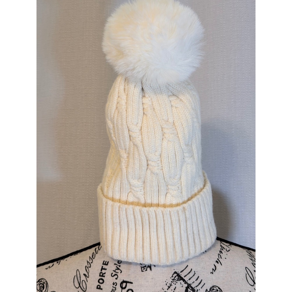 Cream Cable Knit Faux Fur Pom Pom Beanie Fleece Lined Winter Hat Off White